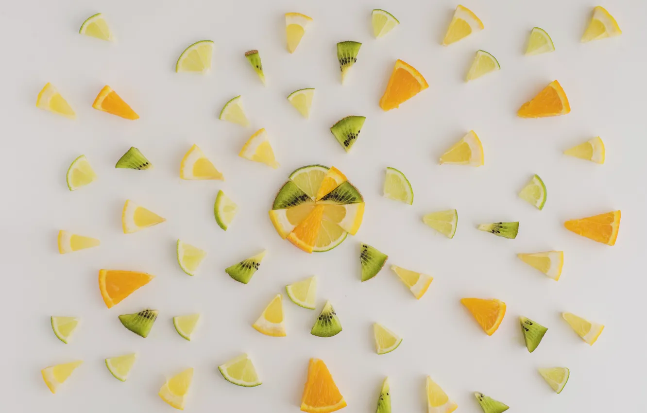 Фото обои лимон, апельсин, киви, цитрус, lemon, фрукты, дольки, orange