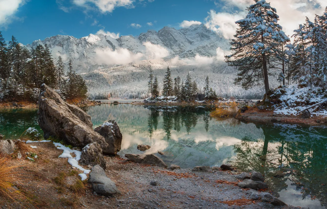 Фото обои зима, облака, пейзаж, горы, природа, озеро, камни, Германия