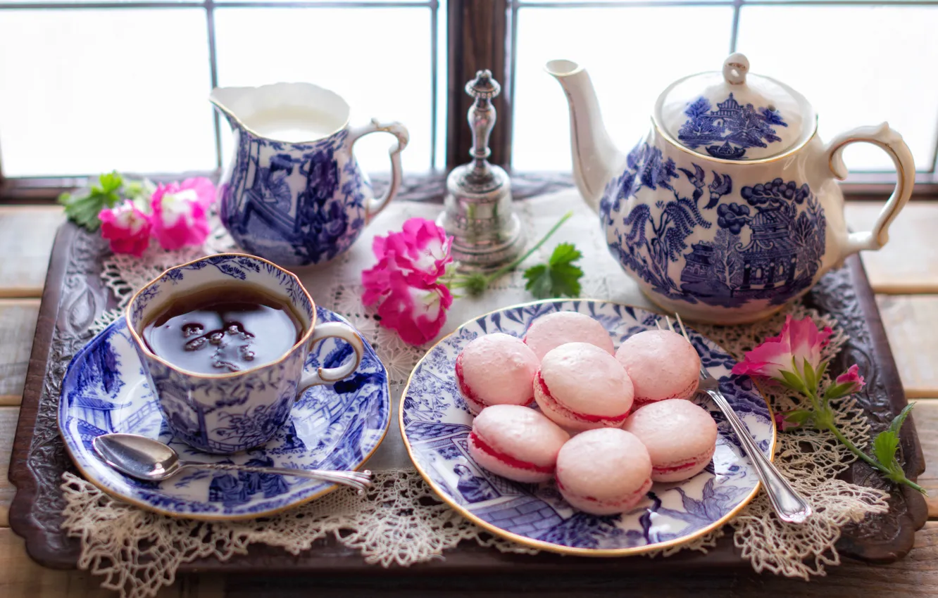 Фото обои цветы, стиль, чай, сладость, чайник, печенье, чаепитие, кружка