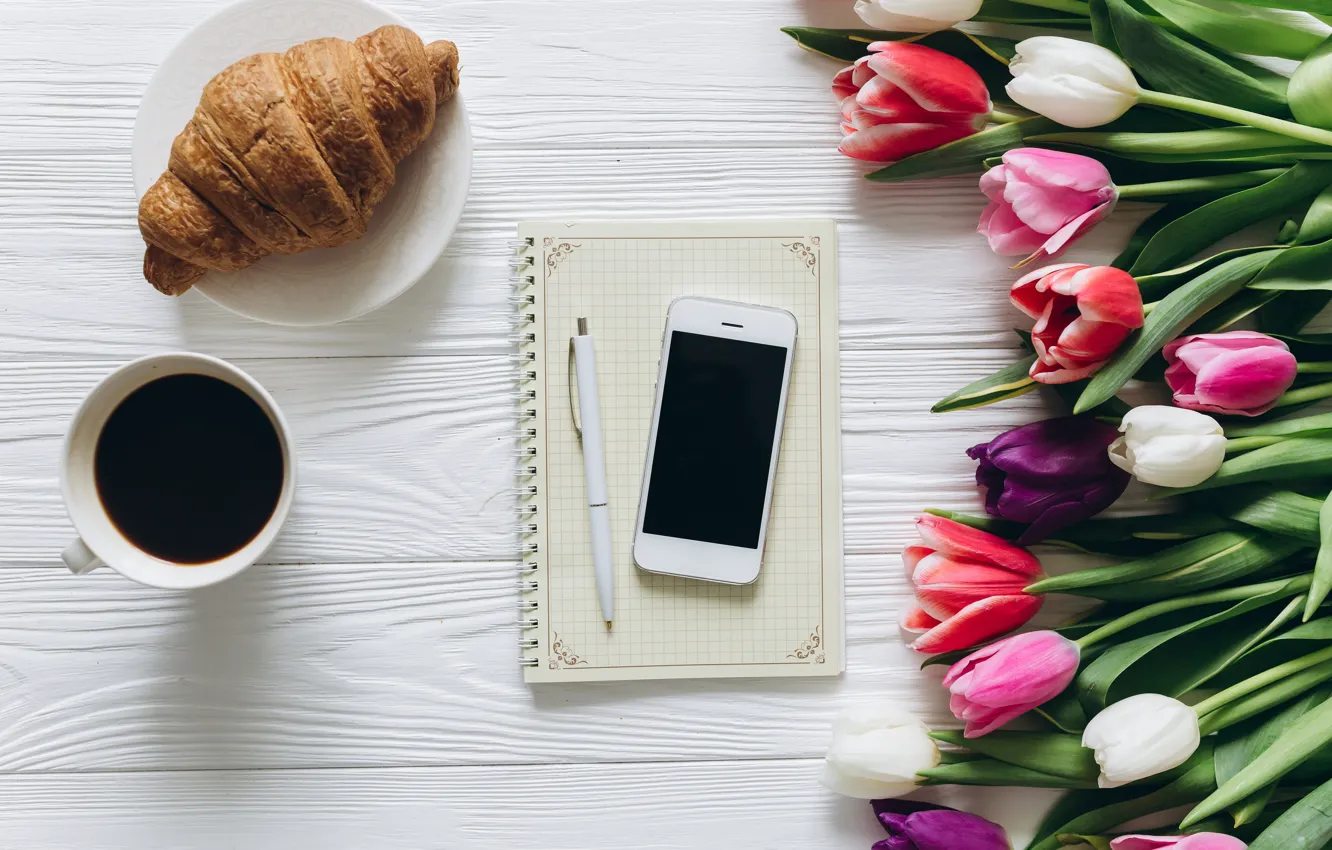 Фото обои цветы, кофе, завтрак, чашка, тюльпаны, розовые, white, heart