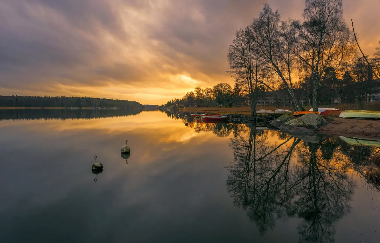 Фото обои закат, природа, озеро, лодки, Швеция, Sweden, lake, sunsets