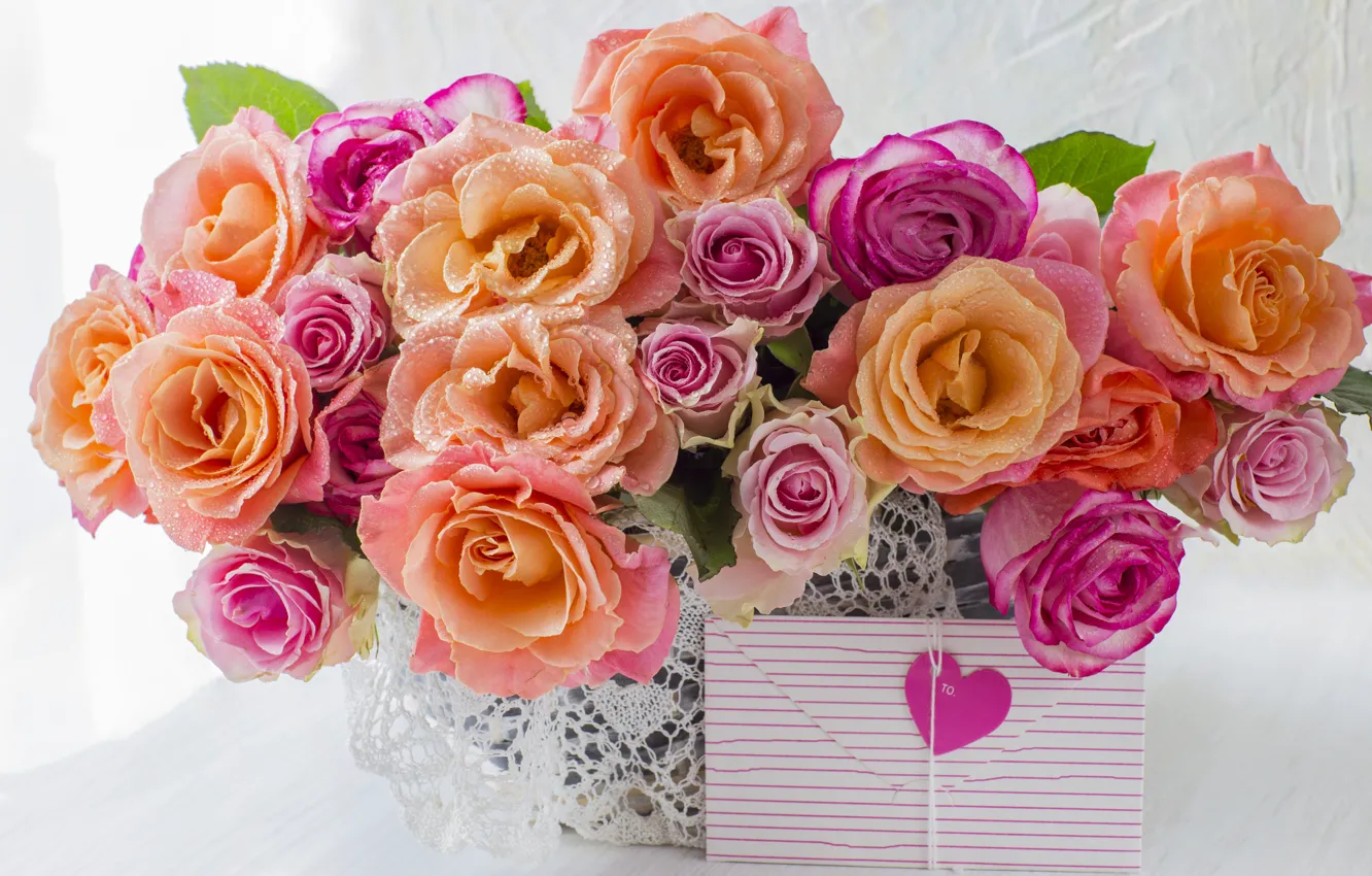 Фото обои цветы, сердце, розы, colorful, heart, pink, flowers, romantic