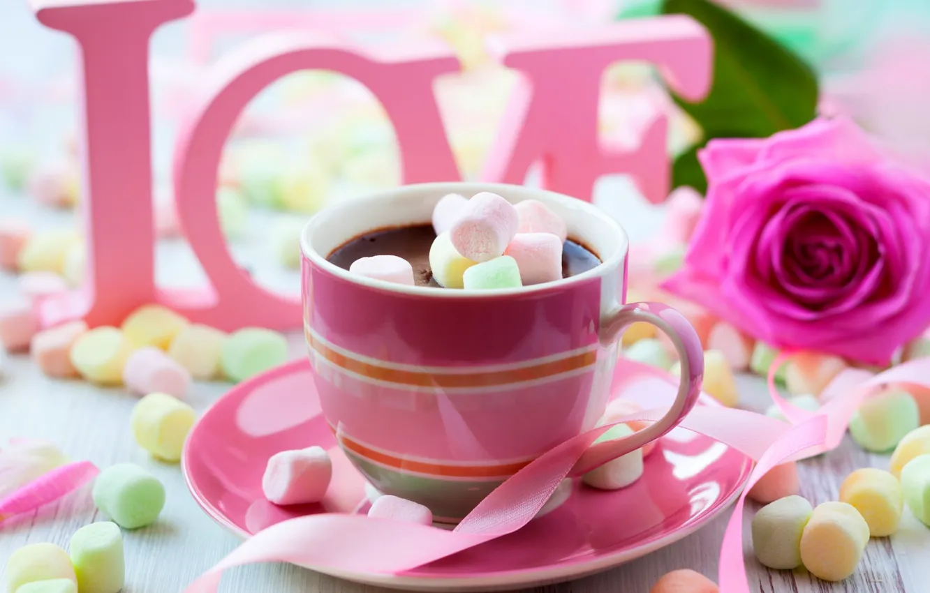 Фото обои colorful, wallpaper, love, rose, flower, pink, cup, chocolate