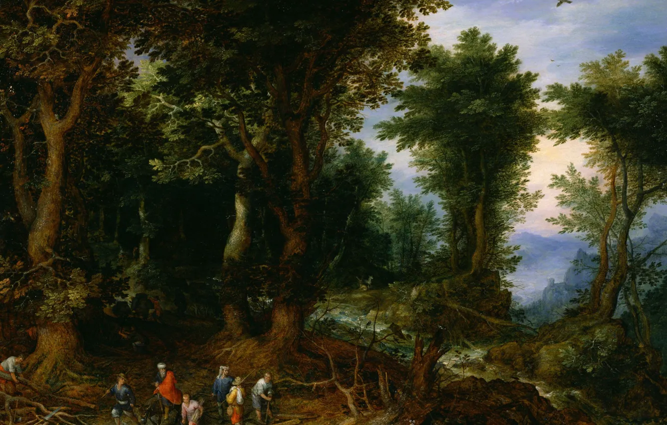 Фото обои картина, мифология, Ян Брейгель старший, Лесной Пейзаж с Авраамом и Исааком