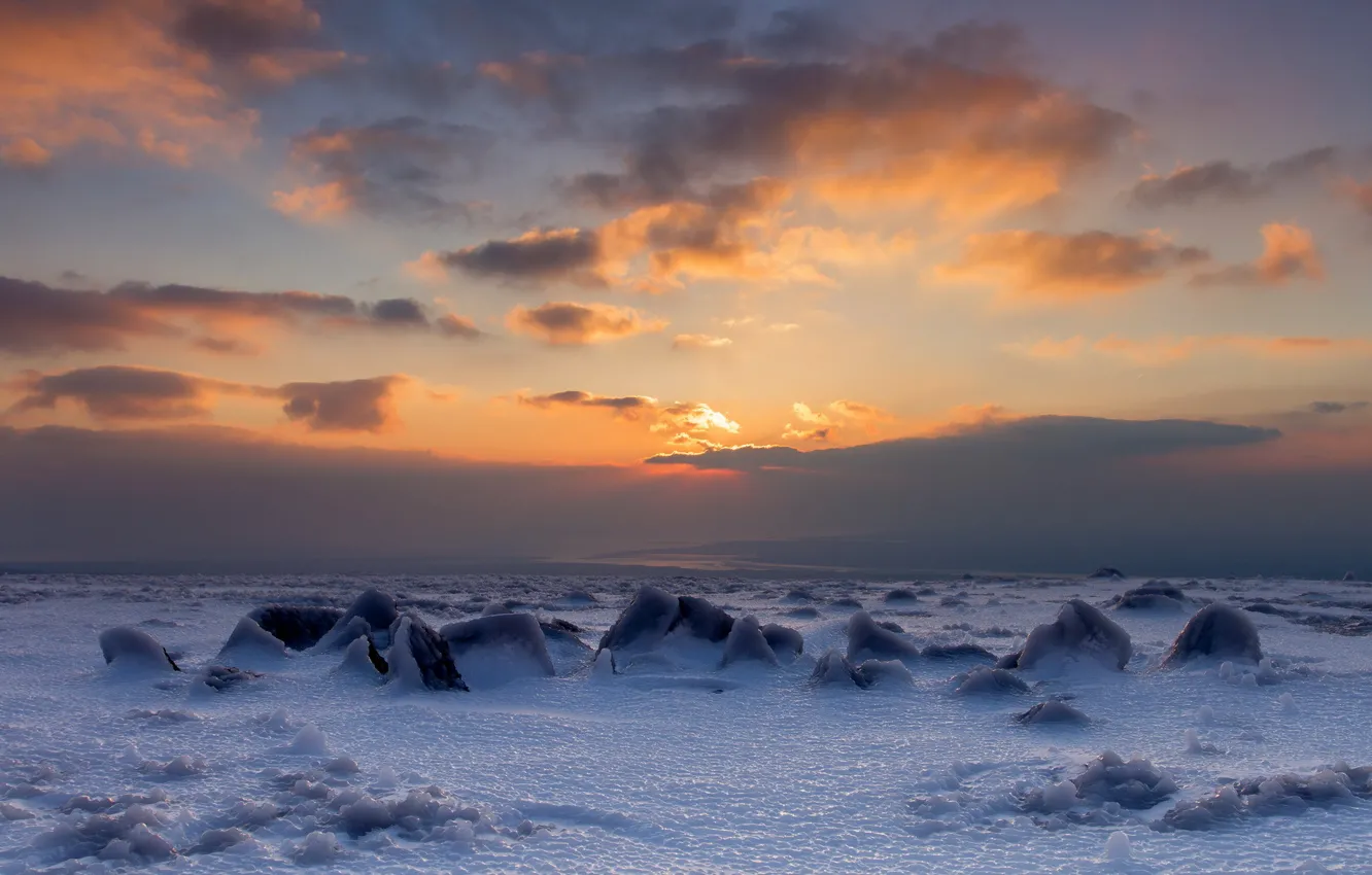 Фото обои небо, пейзаж, закат, лёд
