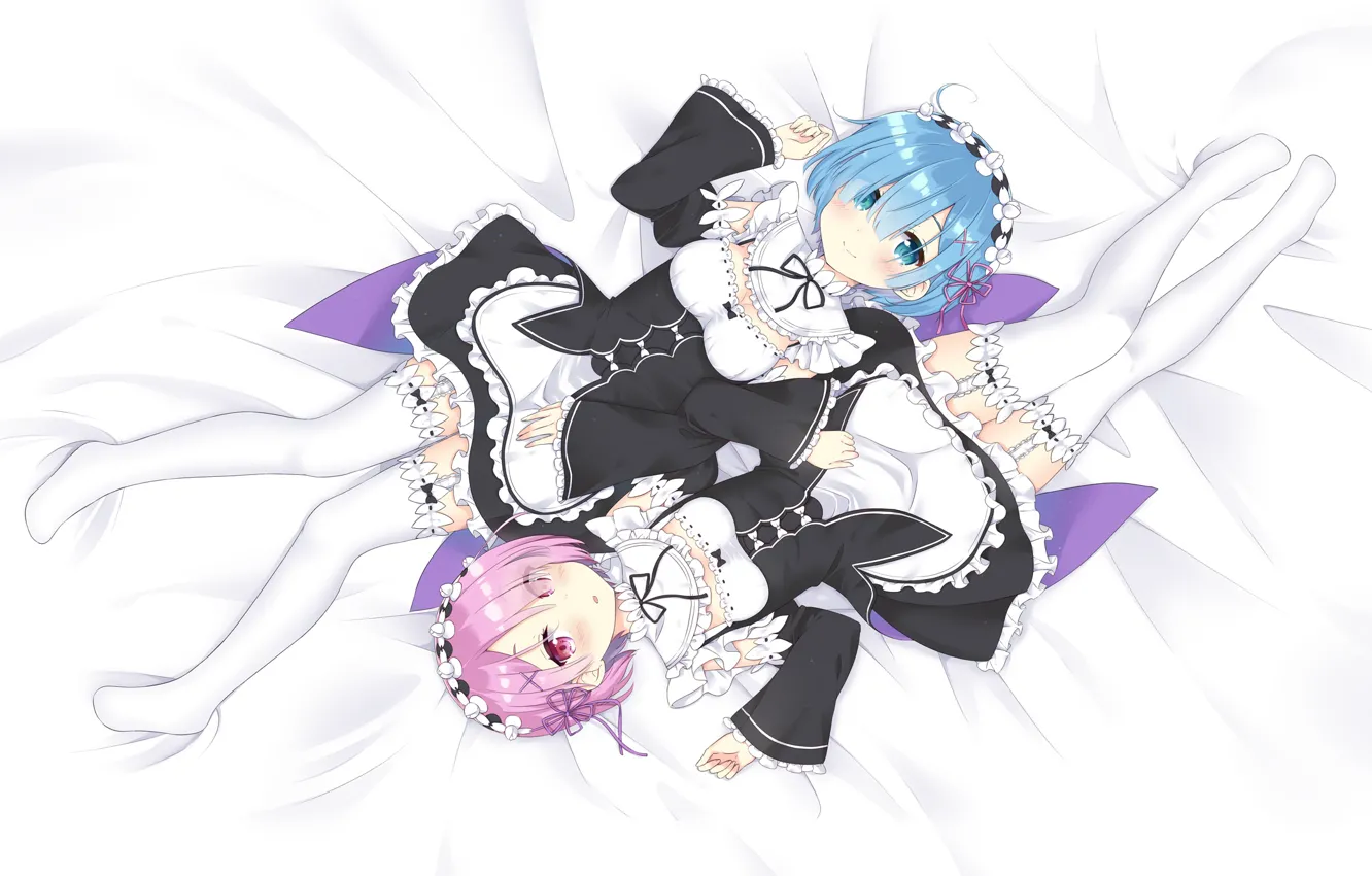 Фото обои девушки, кровать, anime, art, сёстры, лежат, близнецы, ram