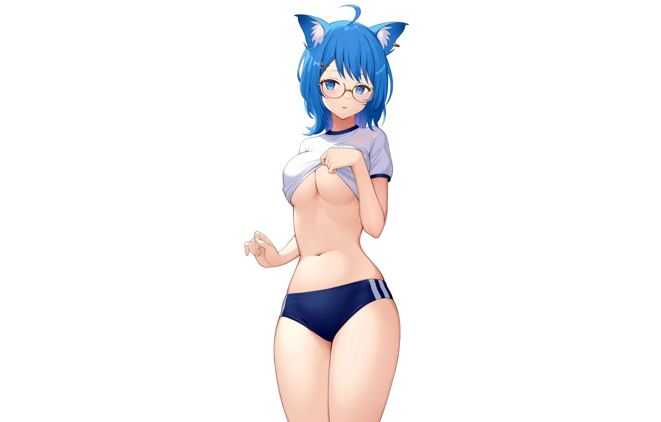 Фото обои girl, sexy, shorts, boobs, animal ears, anime, blue eyes, beautiful