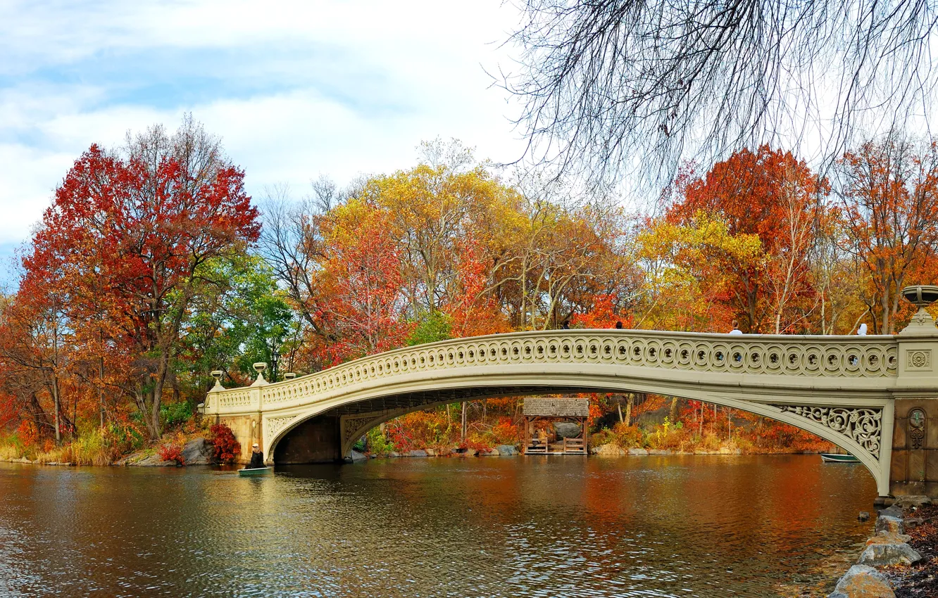Фото обои осень, листья, деревья, мост, парк, река, landscape, nature