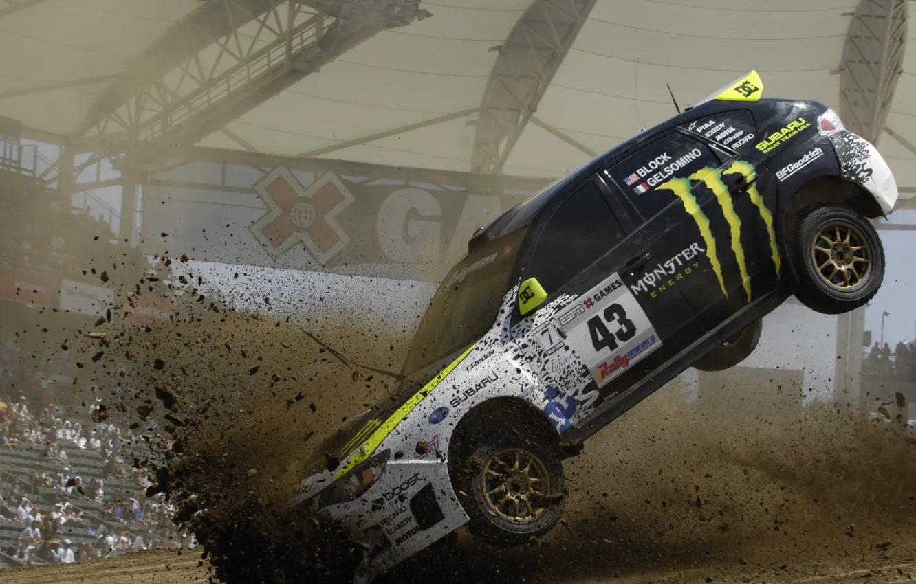 Фото обои полет, земля, Авто, грязь, удар, ken block, subaru, monster