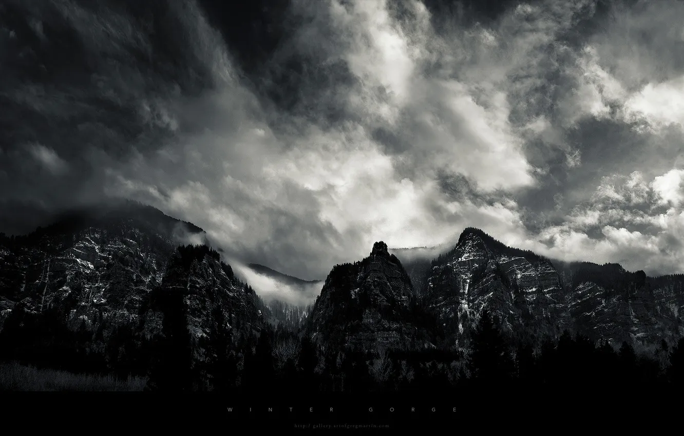 Фото обои горы, тучи, черно-белый, Грег Мартин