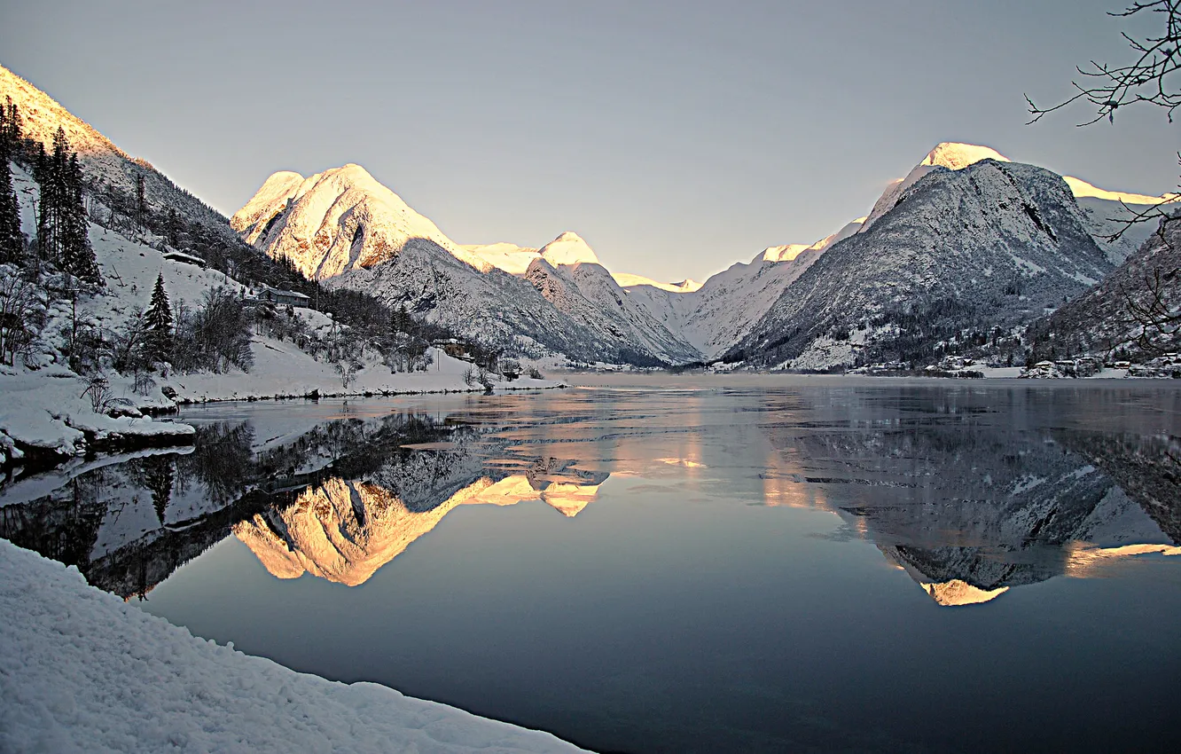 Фото обои зима, небо, снег, горы, озеро