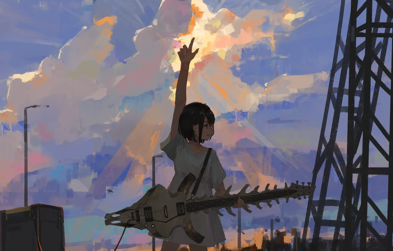Фото обои небо, девушка, гитара, скелет, by XilmO