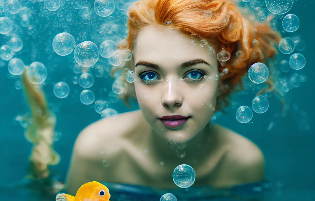 Фото обои взгляд, девушка, лицо, пузыри, русалка, рыбка, рыжая, рыжеволосая