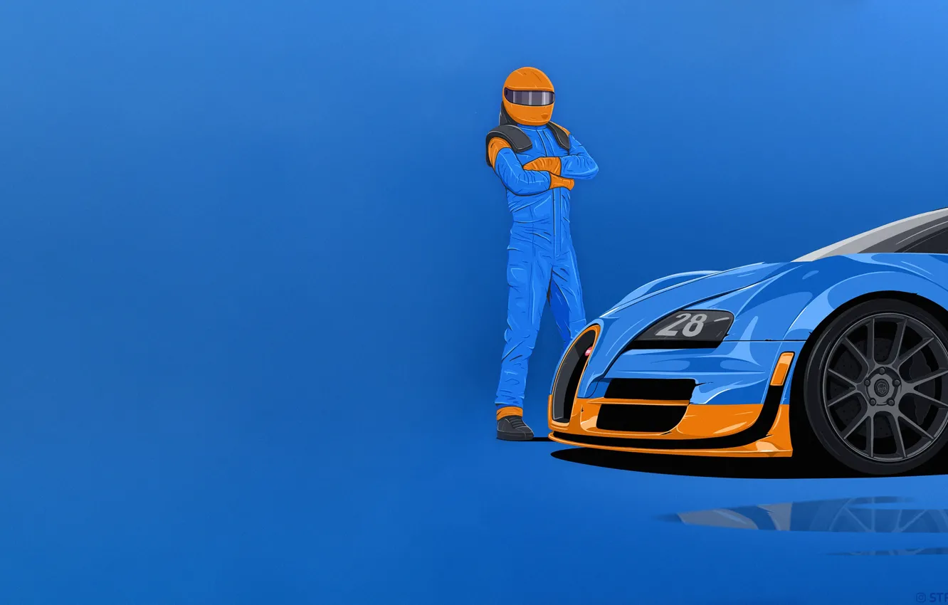 Фото обои Минимализм, Человек, Машина, Гонщик, Bugatti Veyron, Арт, Art, Minimalism