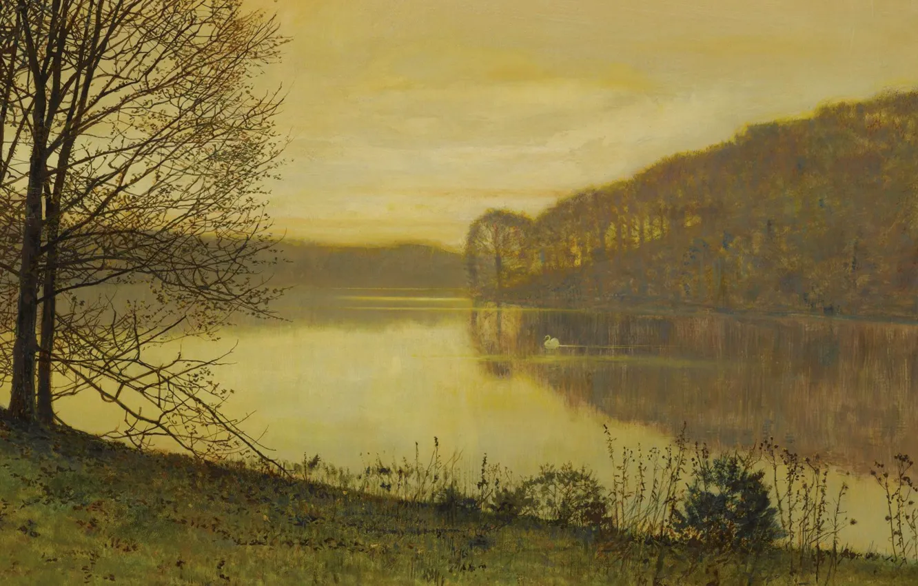 Фото обои пейзаж, парк, птица, картина, лебедь, Джон Эткинсон Гримшоу, John Atkinson Grimshaw, Озеро Раундхей. Лидс