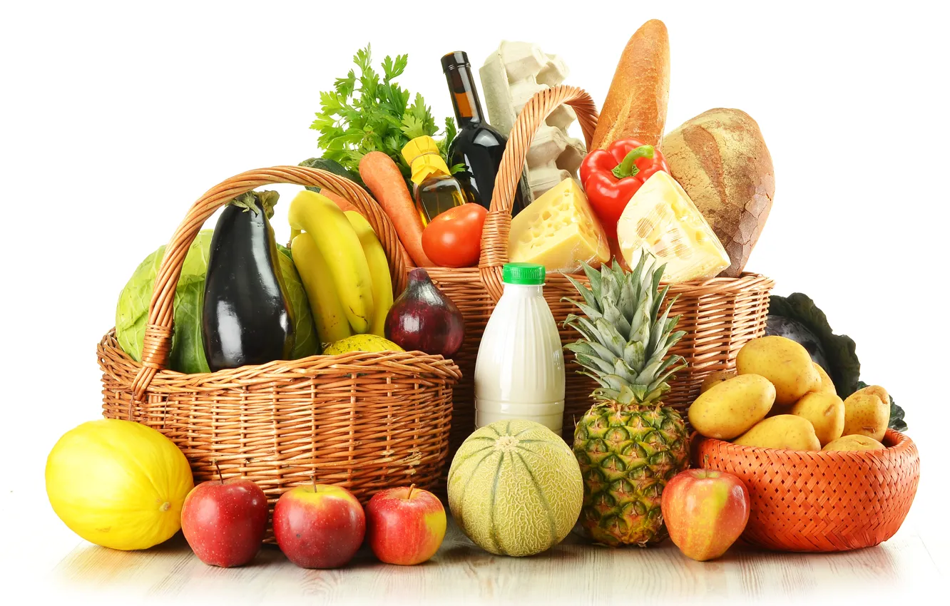 Фото обои зелень, вино, яблоки, яйца, сыр, лук, хлеб, бананы