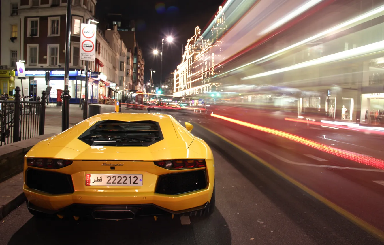 Фото обои ночь, зад, Lamborghini, yellow, night, aventador