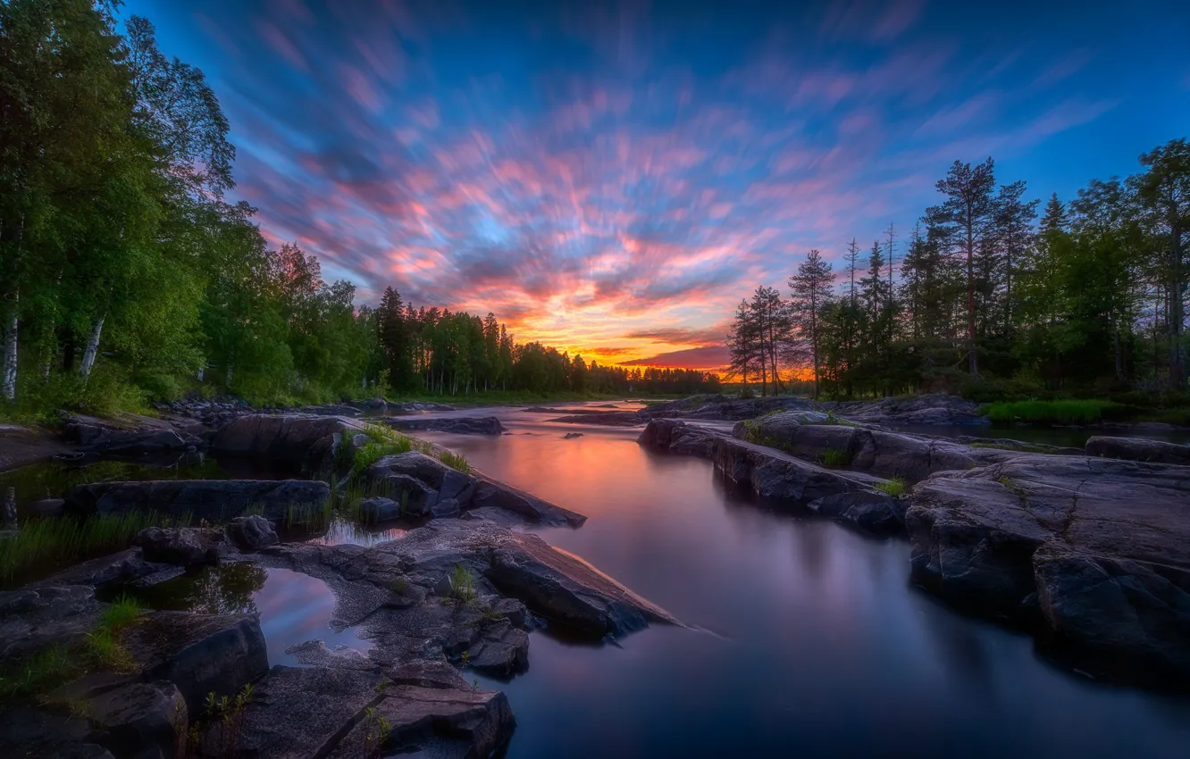 Фото обои лес, закат, речка, Финляндия