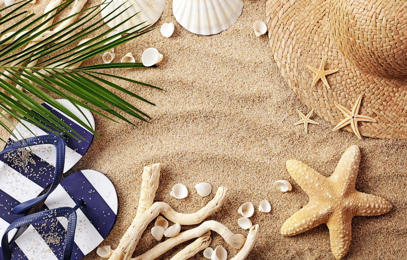Фото обои песок, пляж, лето, ракушки, шляпка, вьетнамки