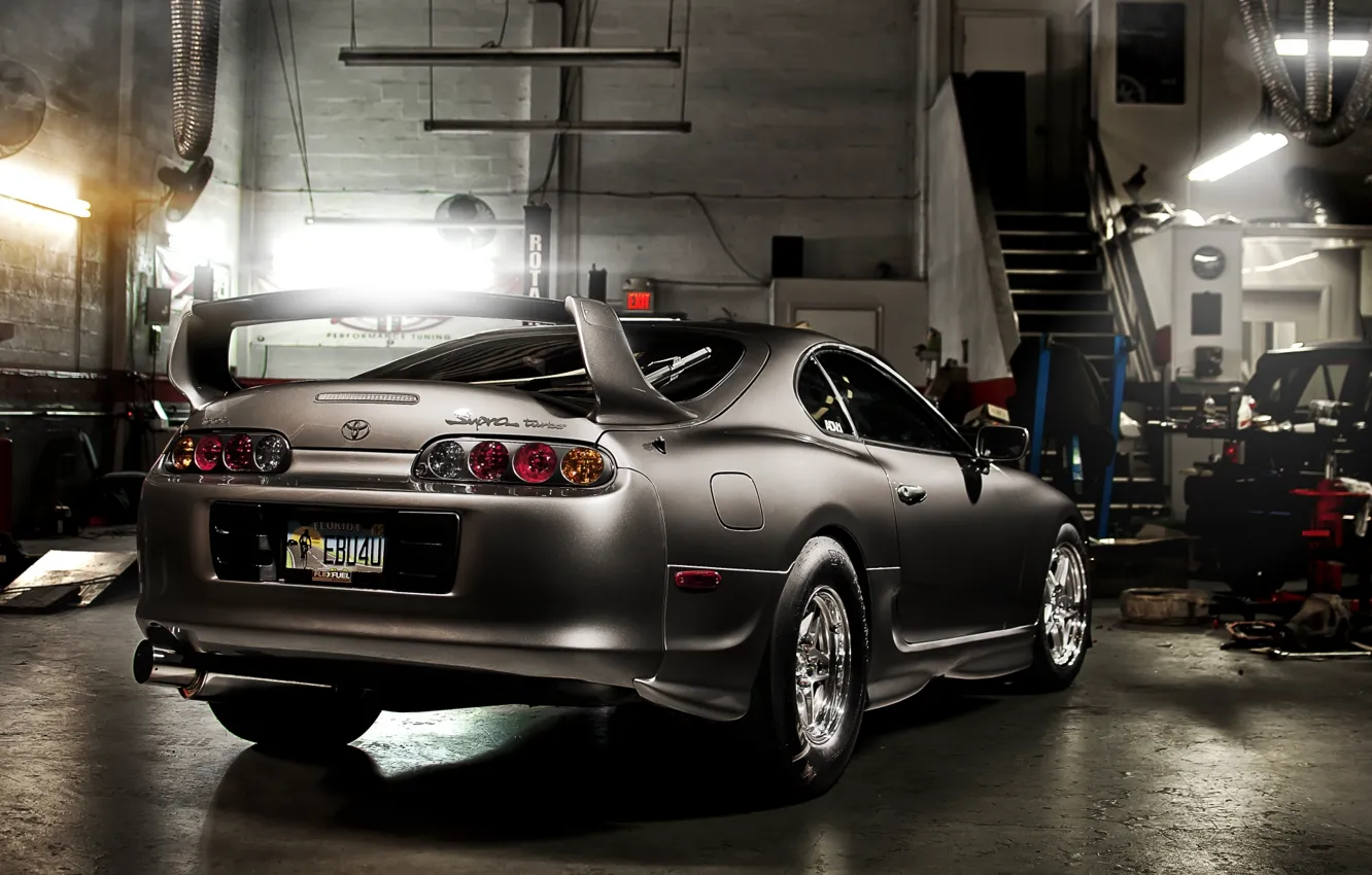 Фото обои серый, тюнинг, гараж, спорткар, Toyota, диски, вид сзади, tuning