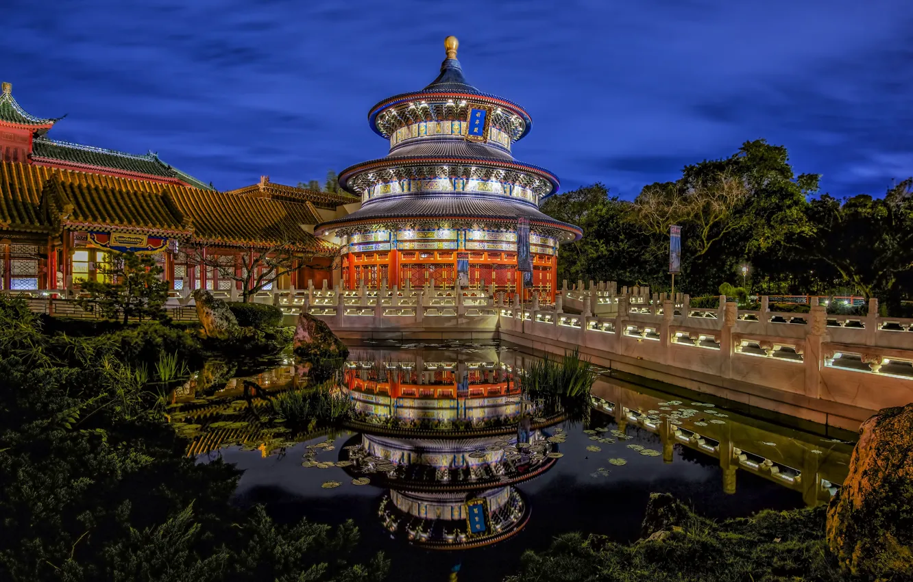Фото обои мост, пруд, парк, отражение, Флорида, Орландо, Disney World, Orlando