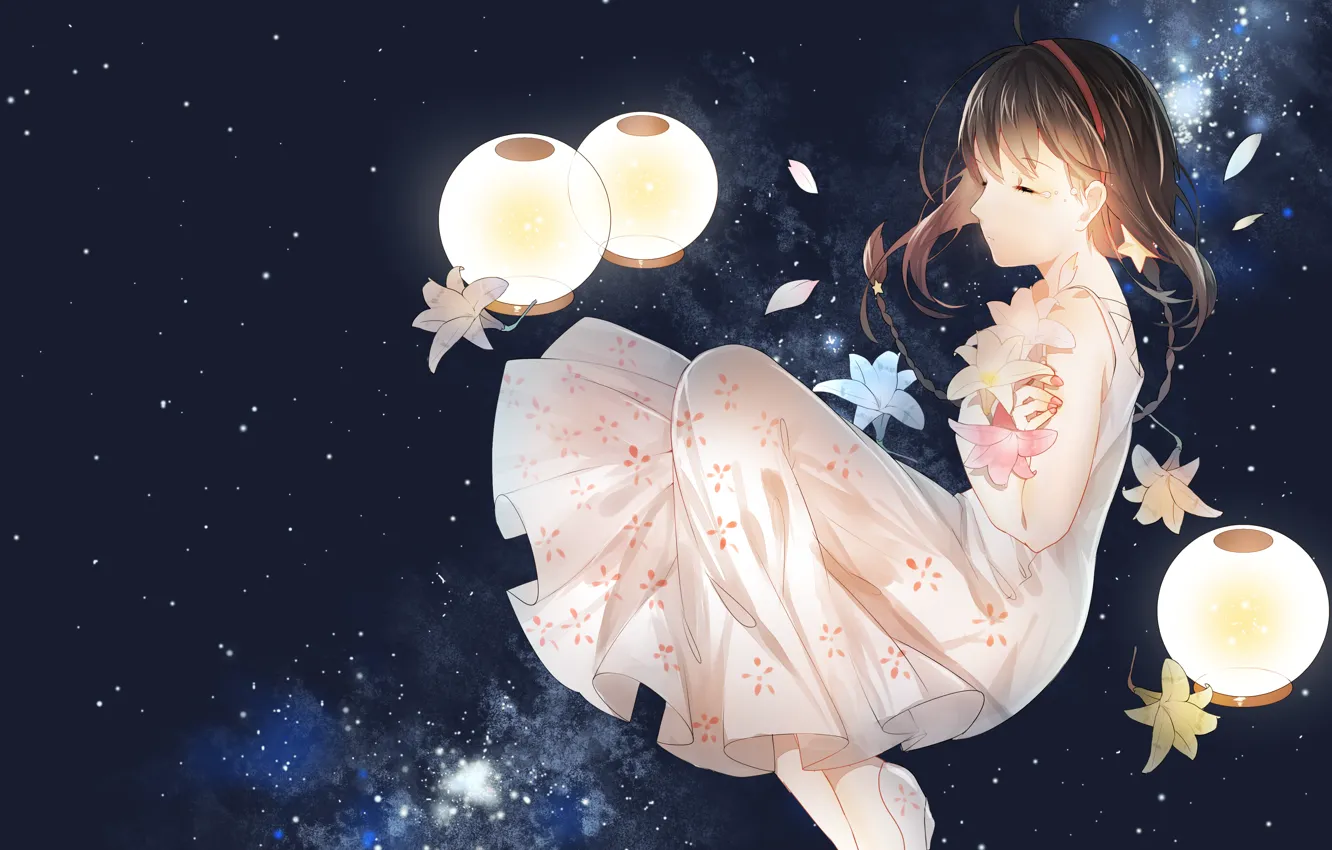Фото обои небо, девушка, звезды, цветы, аниме, лепестки, арт, vocaloid