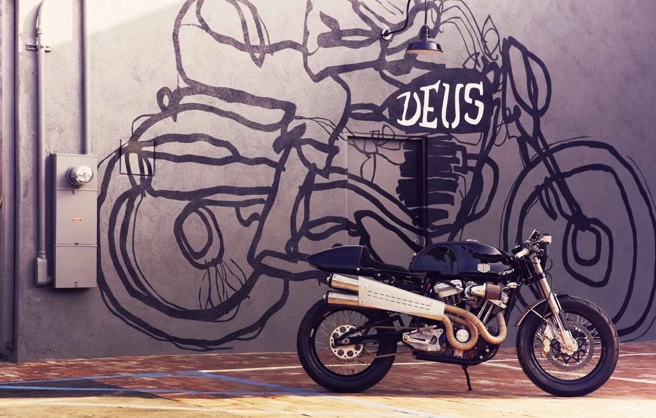 Фото обои черный, модель, мотоцикл, кастом, custom, кастомайзинг, Deus Ex Machina, харлей девидсон