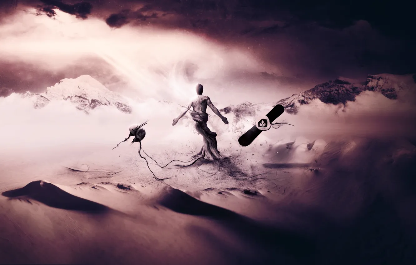 Фото обои барханы, корни, креатив, фантазия, обои, сноуборд, человек, арт