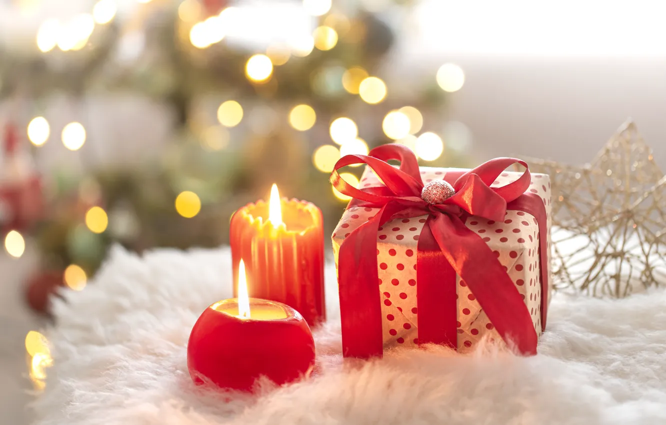 Фото обои подарок, свечи, Рождество, Новый год