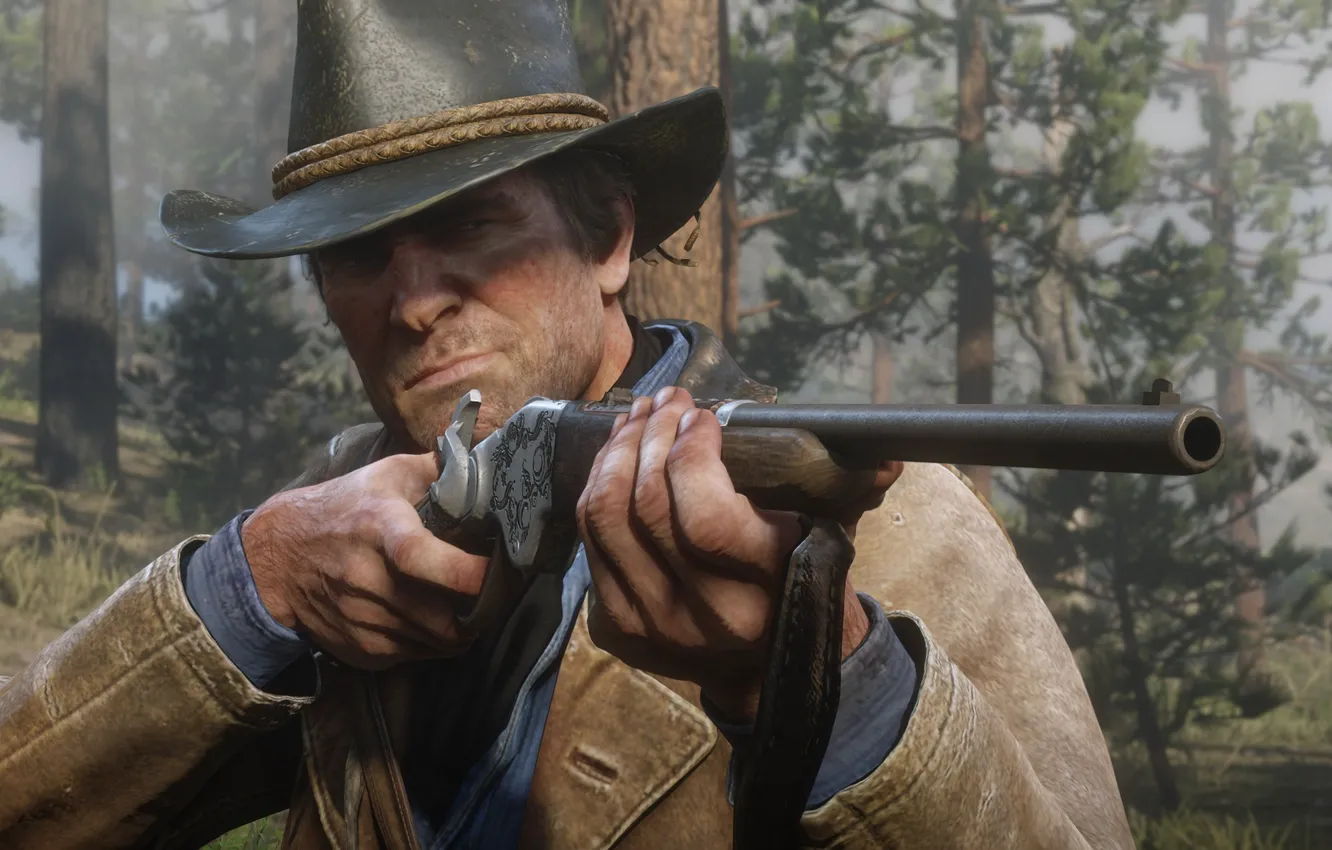Фото обои шляпа, охота, оружия, Rockstar, Бандит, Red Dead Redemption 2, Arthur Morgan