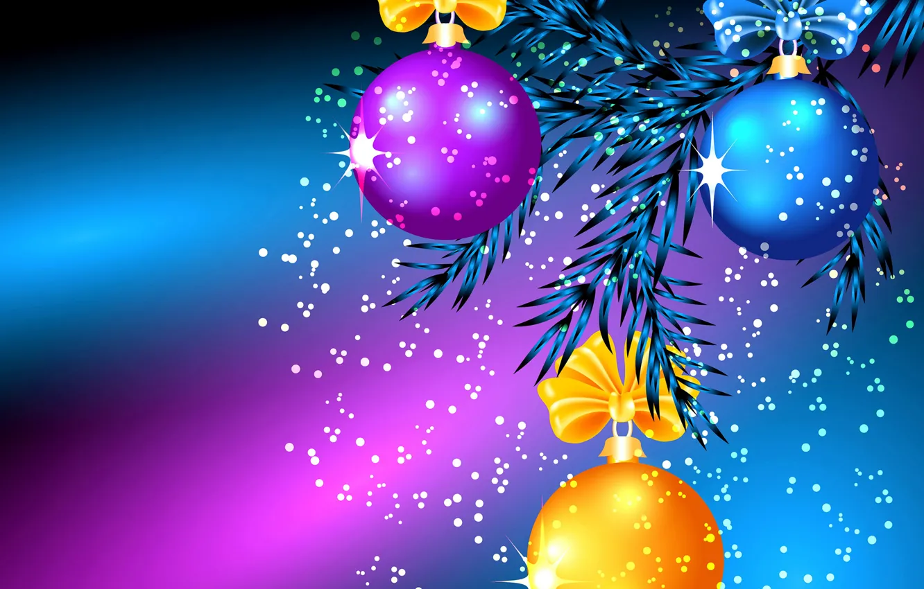 Фото обои шарики, свет, праздник, елка, рождество, ветка, бант