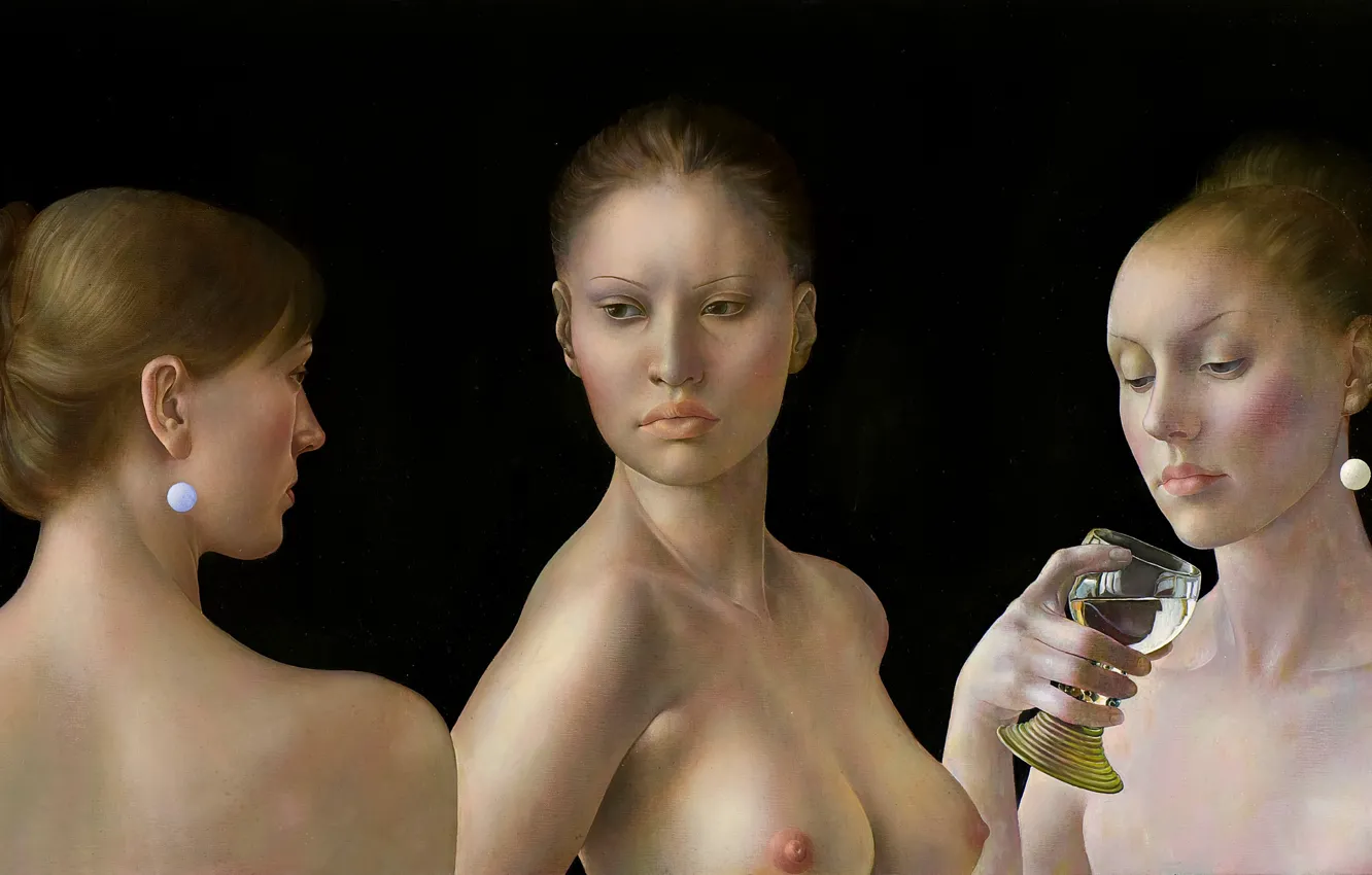 Фото обои грудь, чёрный фон, Фигуративная живопись, Normunds Braslins, Женщины и вино