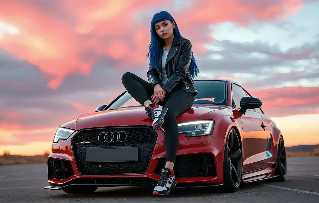 Фото обои Audi, Girl, Clouds, Road, Blue Hair, AI Art, AI Generated