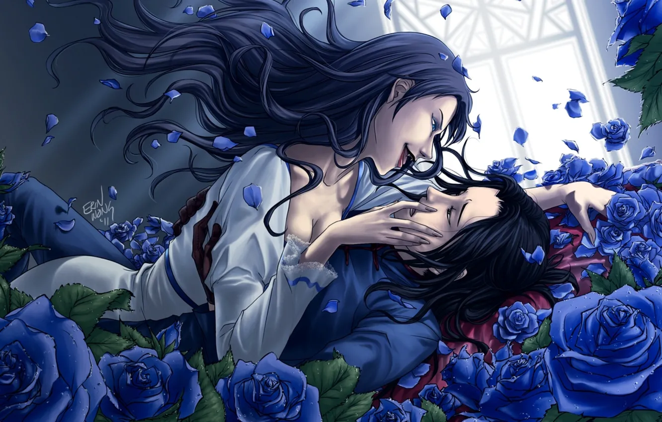 Фото обои девушка, розы, лепестки, арт, объятия, клыки, парень, синие