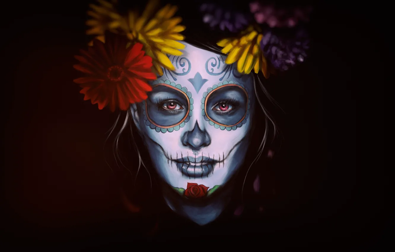 Фото обои Цветы, Девушка, Стиль, Лицо, Фон, Calavera, Digital Art, Día de los Muertos