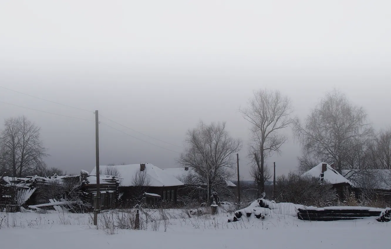 Фото обои Зима, Черный, Белый, Деревья, Снег, Дом, Деревня, Серый