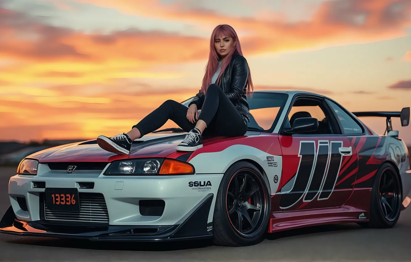 Фото обои Girl, Nissan, Sun, Cloud, AI Art, AI Generated