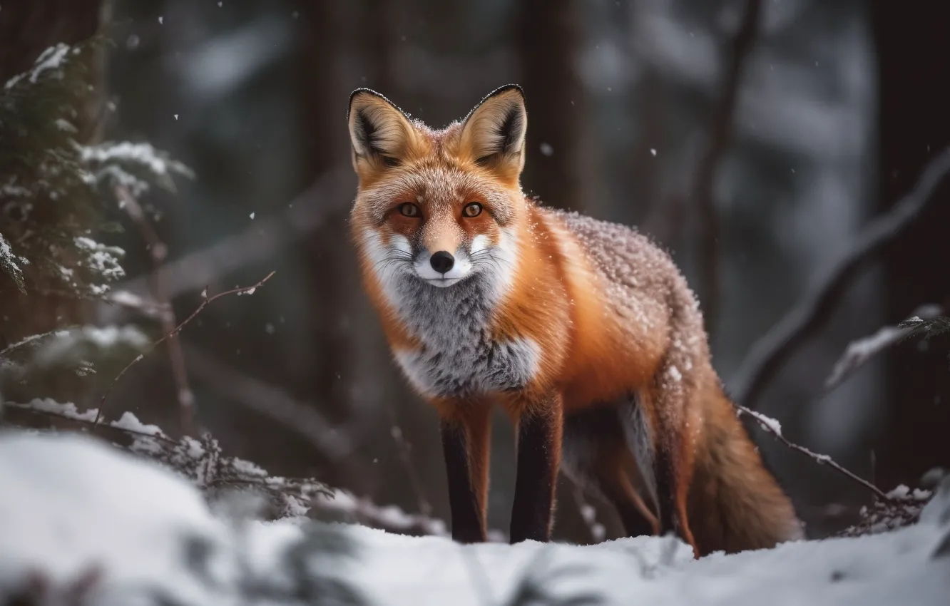 Фото обои зима, взгляд, снег, лиса, сугробы, цифровое искусство, ИИ-арт, Искусство искусственного интеллекта