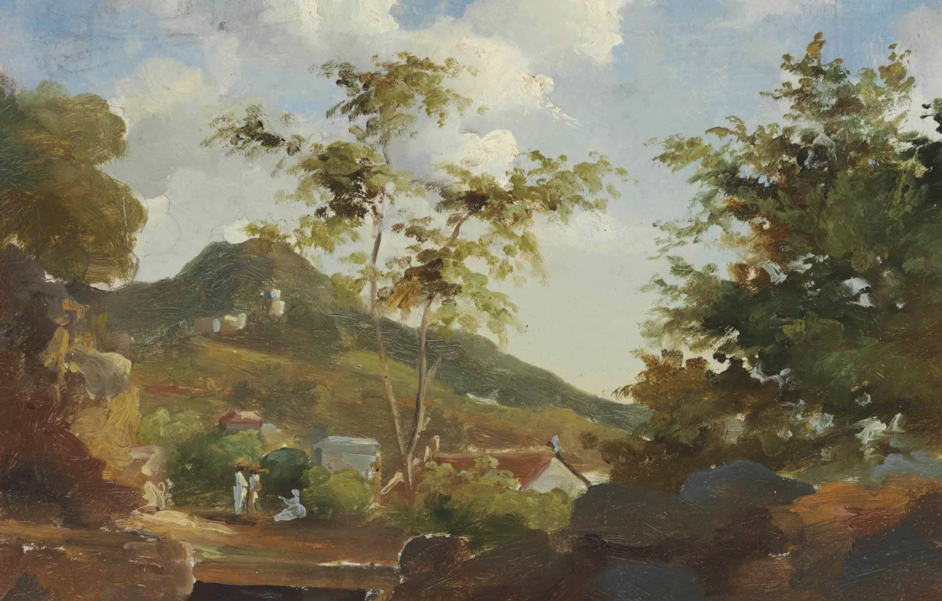 Фото обои пейзаж, гора, картина, Антильские острова, Камиль Писсарро, Деревня у Подножия Горы в Сент-Томасе