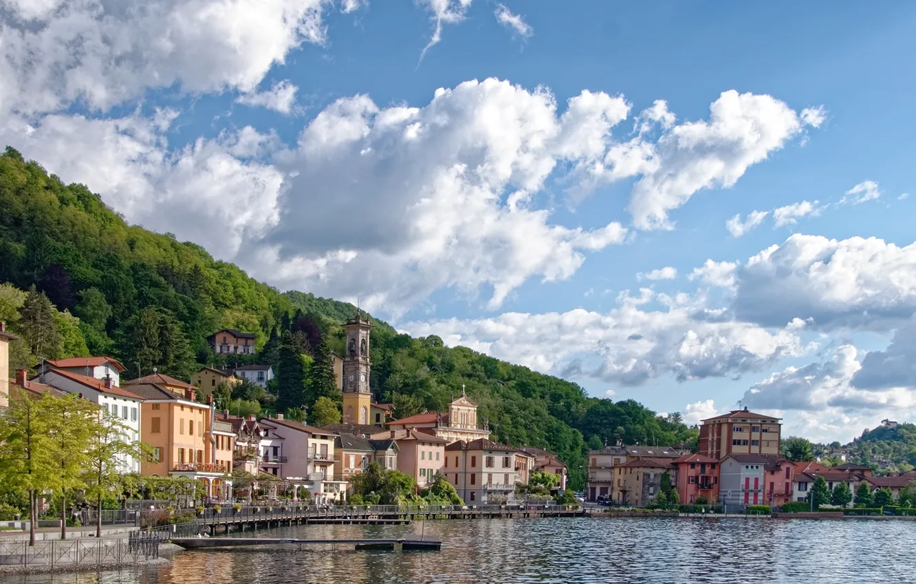 Фото обои небо, деревья, озеро, пристань, Италия, пирс, Porto Ceresio, lake Lugano