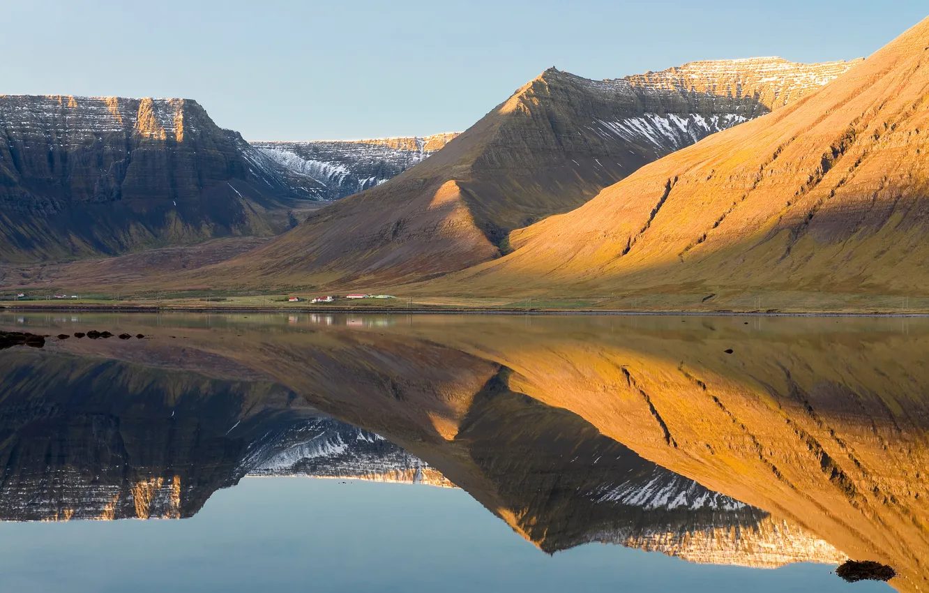 Фото обои море, вода, горы, утро, Исландия, фермы, Westfjords
