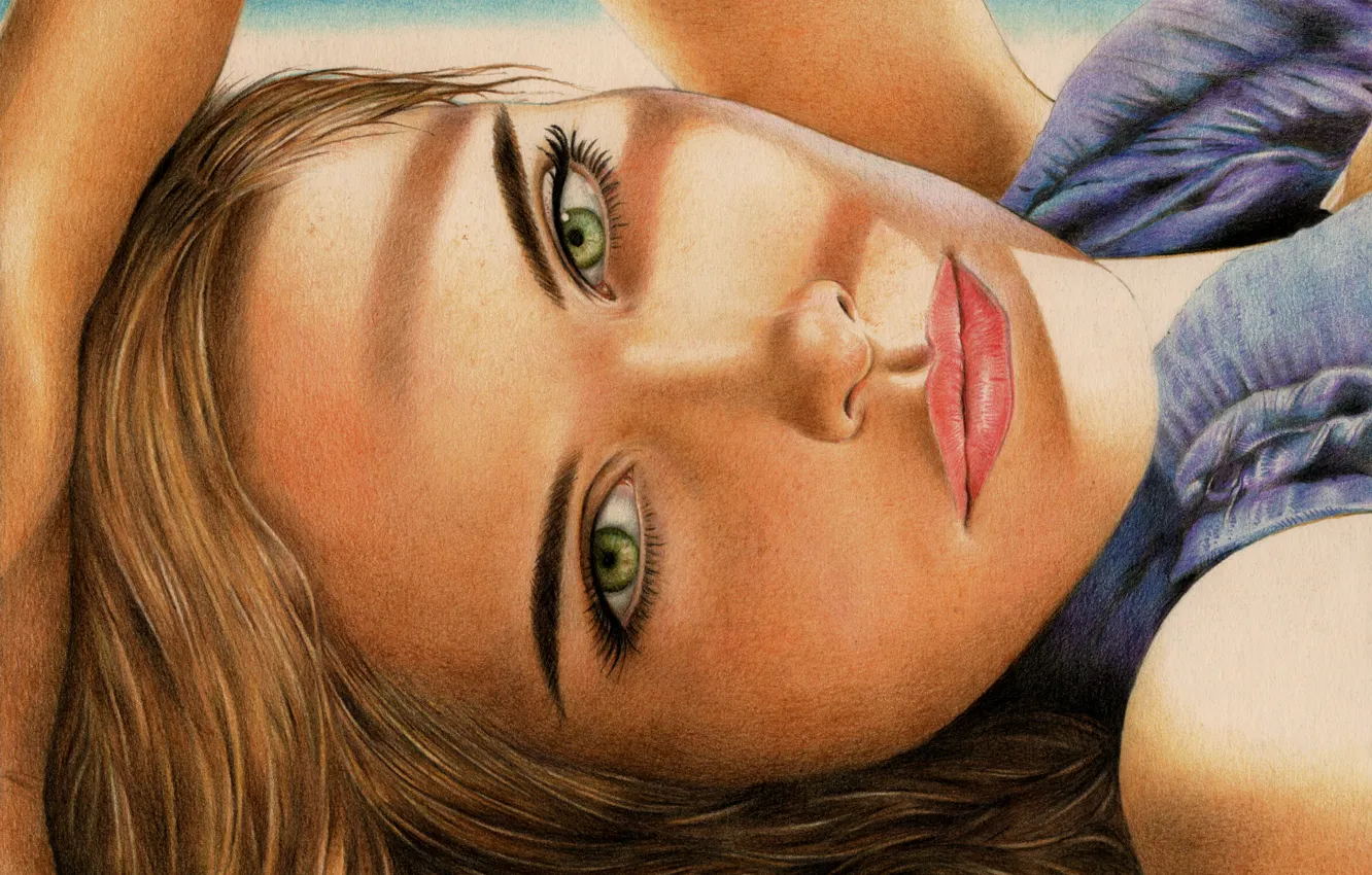Фото обои взгляд, девушка, лицо, волосы, рука, живопись, зеленые глаза, Isabel Lucas