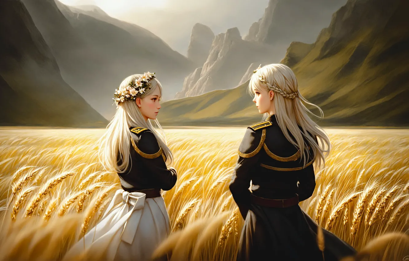 Фото обои field, girls, art, couple