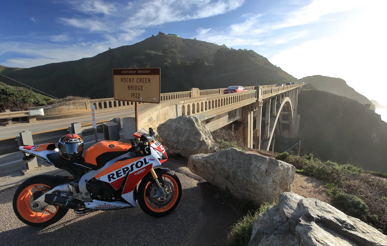 Фото обои Honda, CBR1000RR, 1932, Repsol, Rocky Creek Bridge