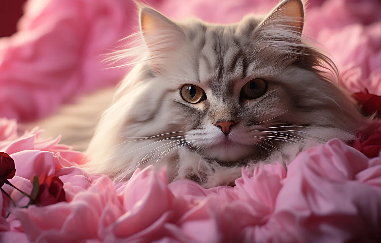 Фото обои кошка, кот, взгляд, цветы, поза, серый, портрет, розы