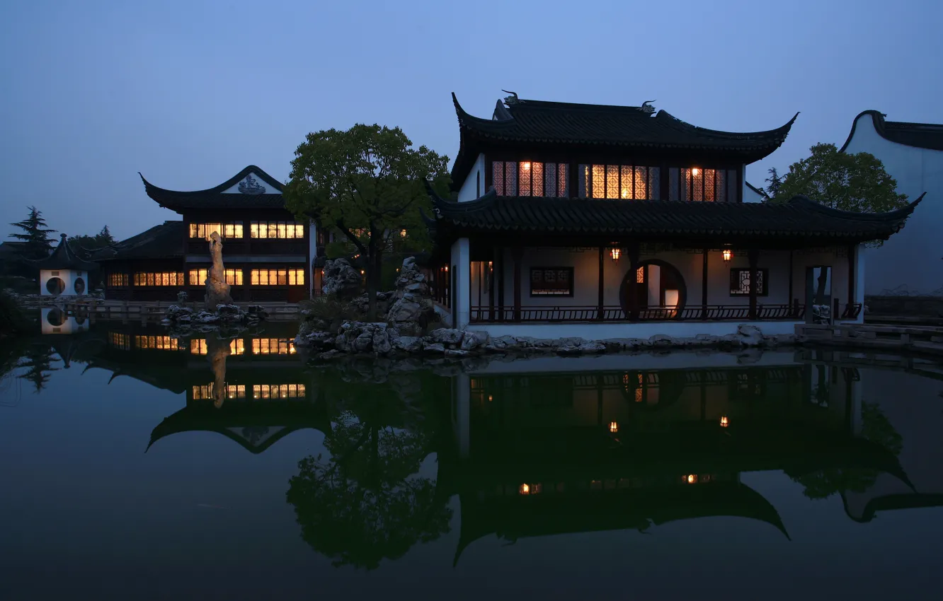 Фото обои ночь, река, дома, Китай, Jingsi Garden