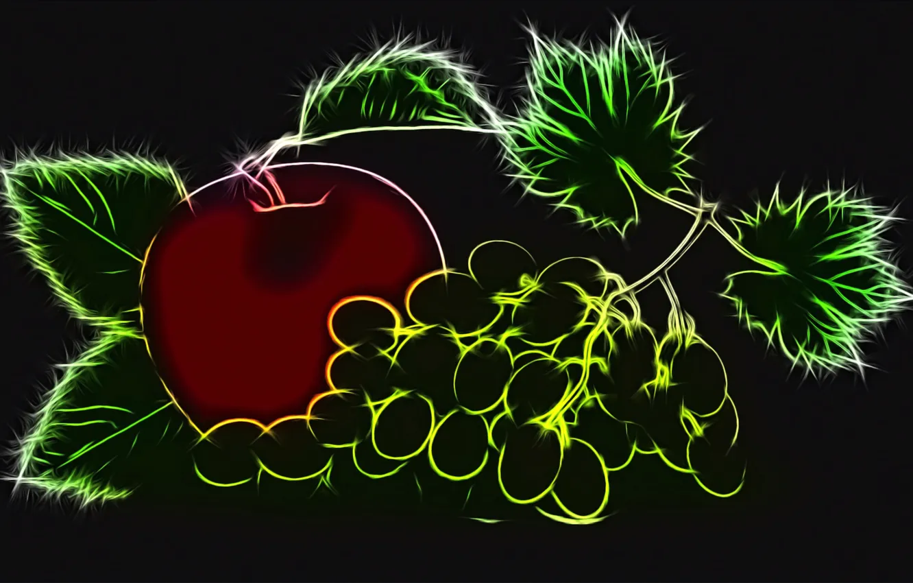 Фото обои рендеринг, яблоко, виноград, черный фон, контурная графика, неоновое свечение