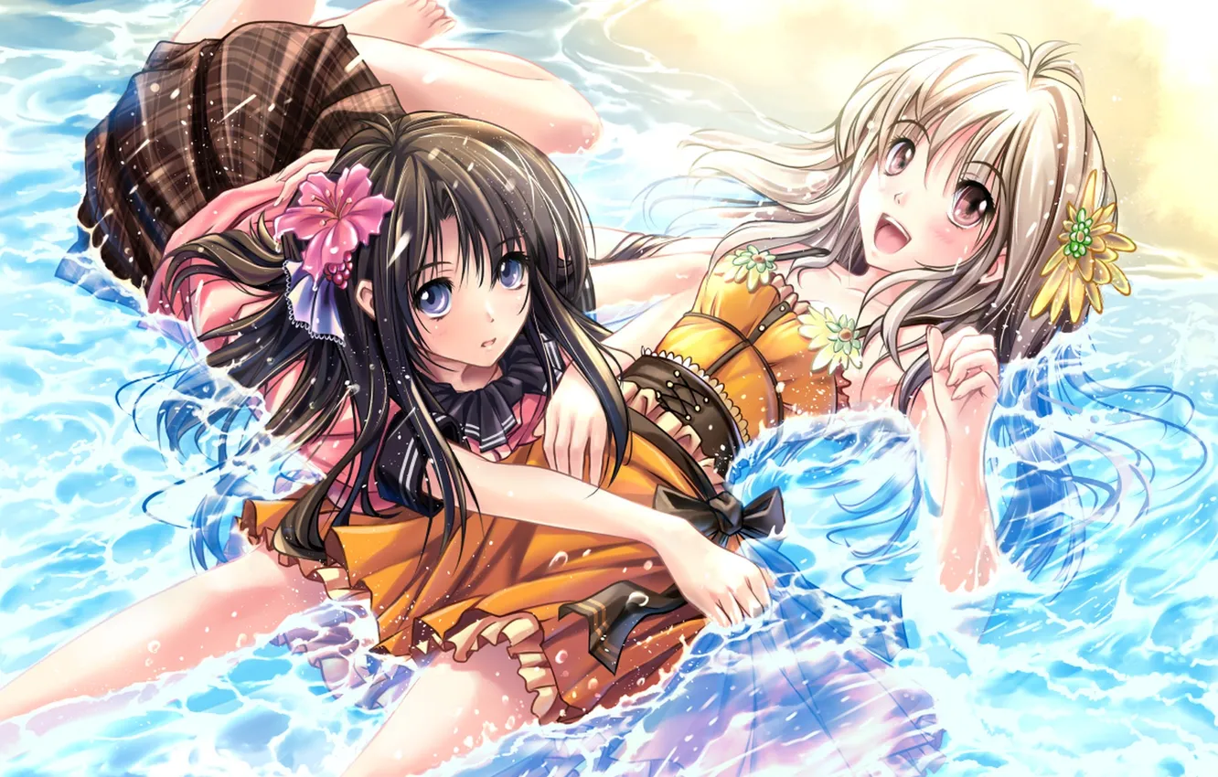 Фото обои вода, цветы, девушки, берег, аниме, арт, soraizumi