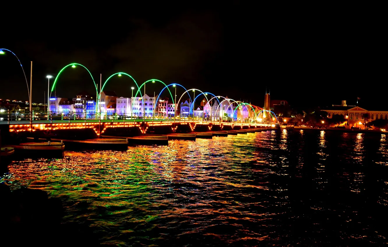 Фото обои ночь, мост, огни, река, Нидерланды, Curacao, Willemstad