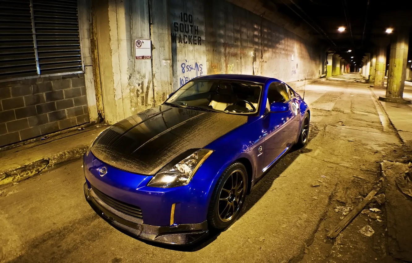 Фото обои ночь, синий, Nissan, карбон, 350z, тунель
